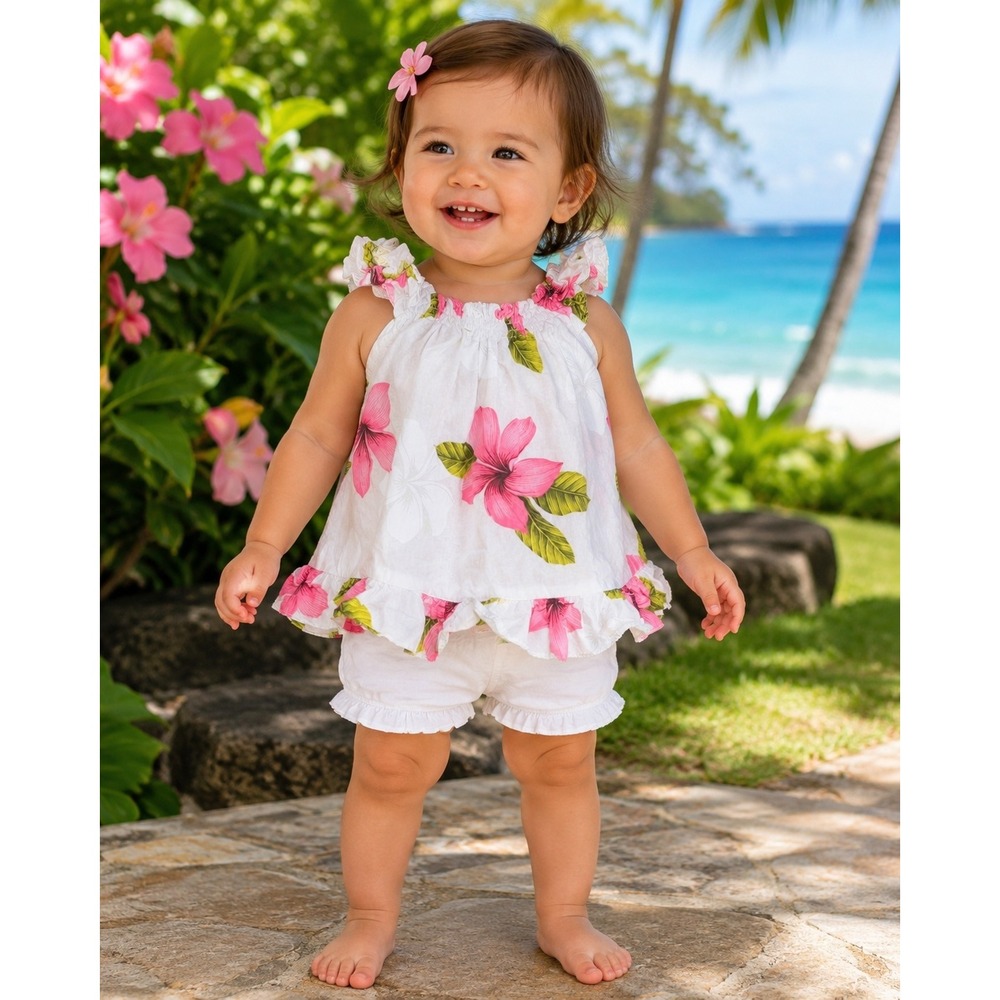 Pacific Legend Hawaiian Top Toddler Girl 18M White Pink Hibiscus‎ Ruffle Cotton